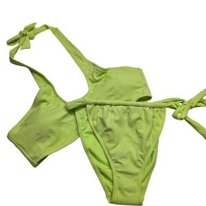 Ninety-Nine Lime Green Floral Jacquard Halter Bikini Set XL Cheeky Mid Rise NEW